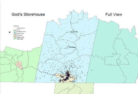 Map of people served in Danville and Pittsylvania County by God's Storehouse