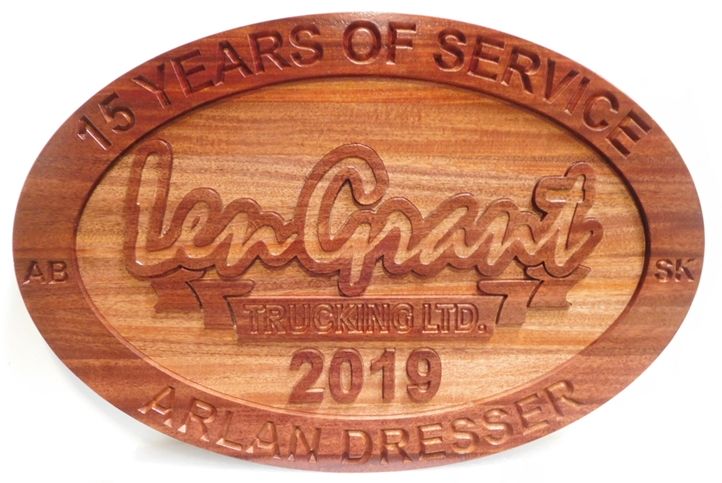 VP-1815 - Carved and Sandblasted  Service Plaque for Employee of Len Grant Trucking, Ltd, 2.5-D Cedar.