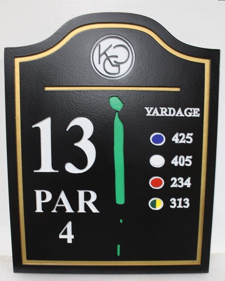 E14316 - Carved HDU Golf Course Tee #13  Sign for a  Golf Club , with Hole Layout and Yardages