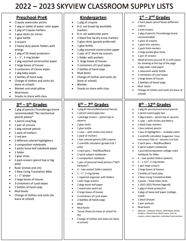 Classroom Supply List