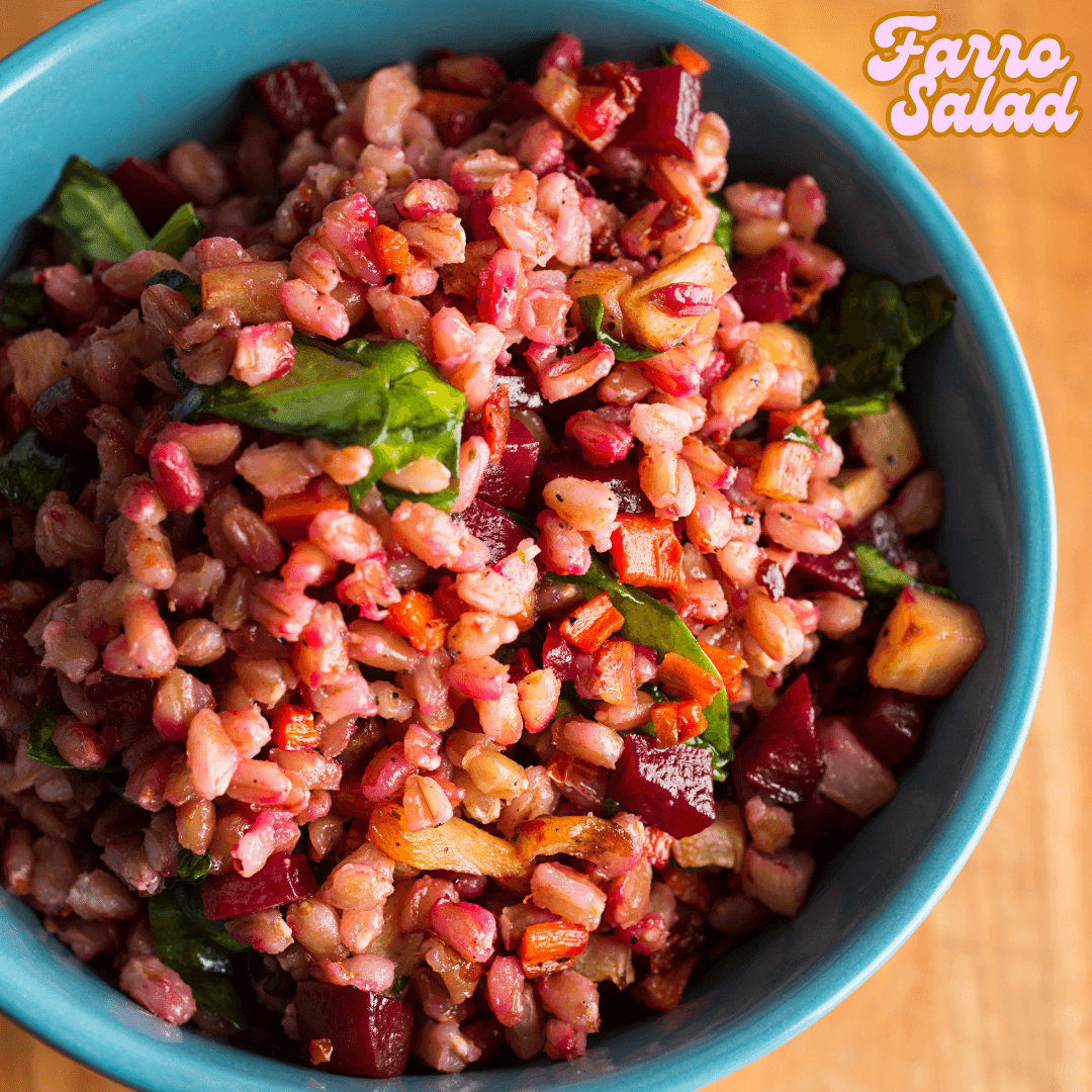 Bowl of farro salad with beets and greens