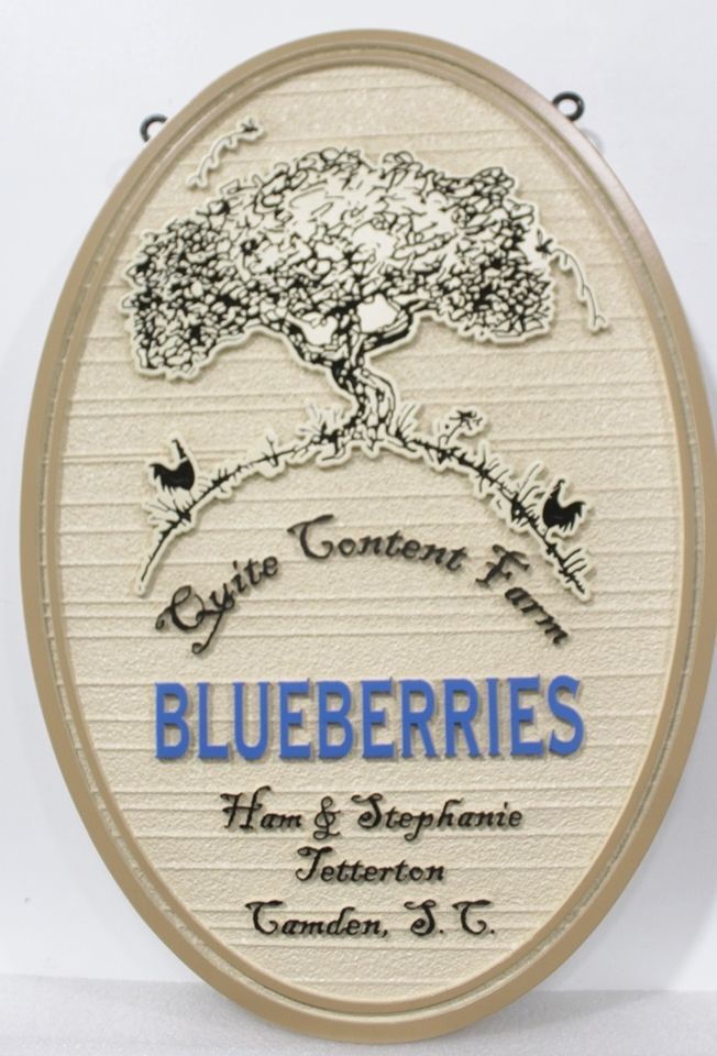 O24741 - Carved 2.5-D HDU Entrance Sign for the "Quite Content Farm - BLUEBERRIES"