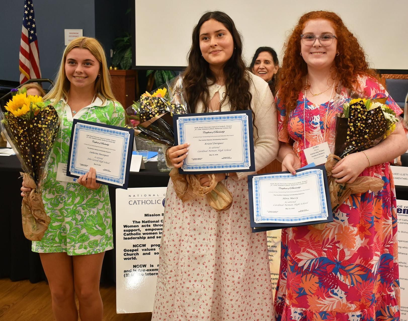 three young recipients of the $1,000 Father Clem Hammerschmitt high school scholarship awards. Catherine Davenport of Holy Cross in Vero Beach, Kristel Enriquez of the Cathedral of St. Ignatius Loyola and Alora Muzzy, St. Matthew