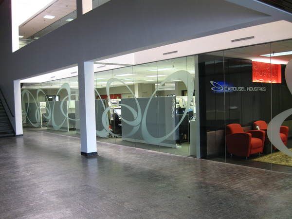 Interior Lobby Mural / Graphic Signage, Etched Look Vinyl Graphic Patterns On Glass Wall