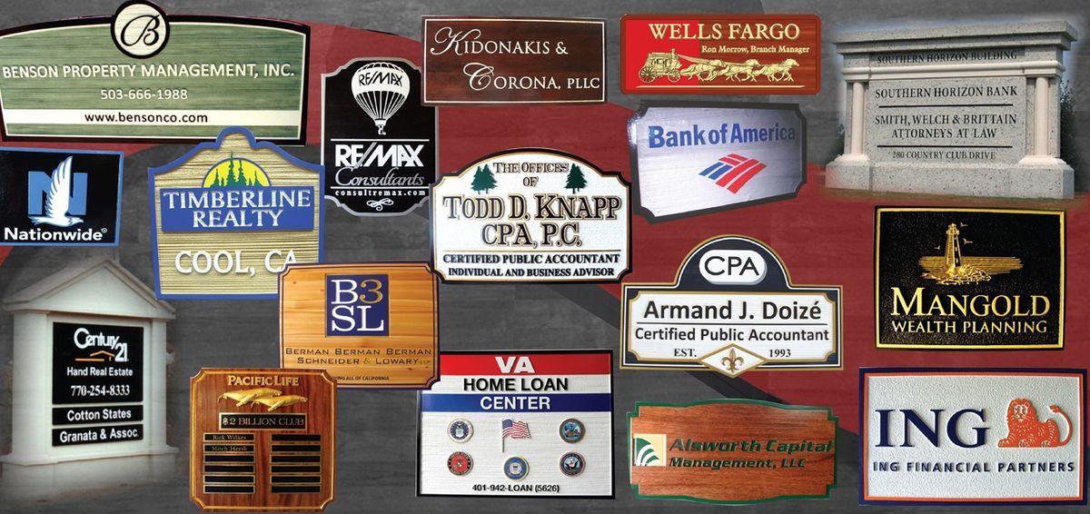 Sandblasted wooden CPA and bank  signs.