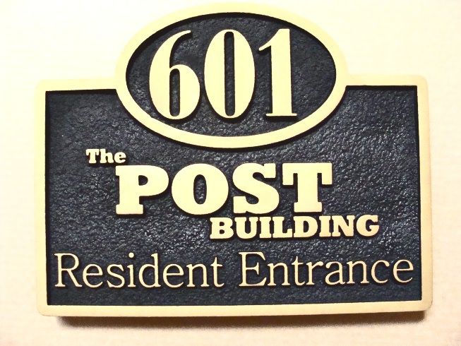 SA28531 - Carved and Sandblasted 2.5-D  HDU Address Sign for the "Post Building" Residence Entrance 