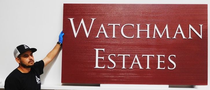 K20344 - Carved HDU Entrance Sign for  the "Watchman Estates " Private Residential Community, with Wood Grain Sandblasted Background