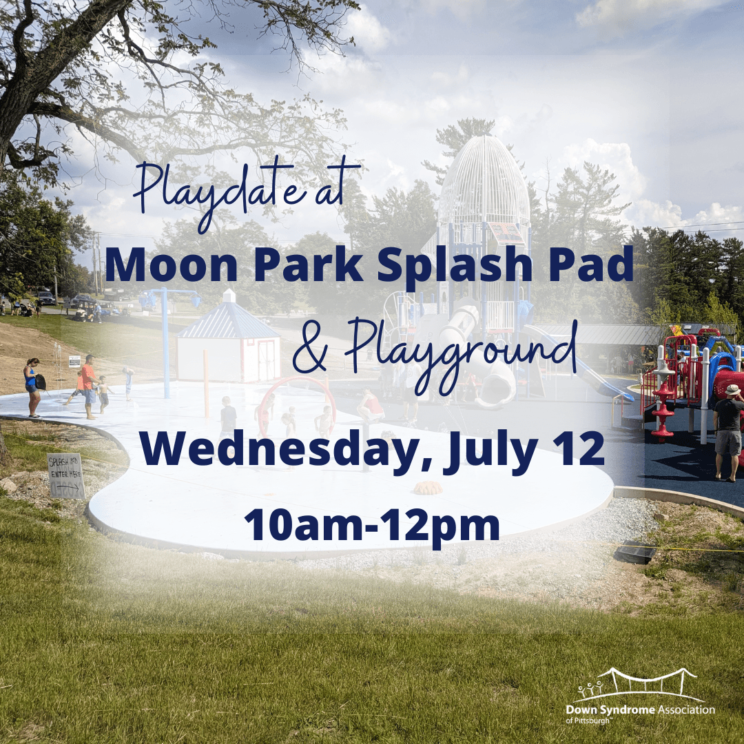 Picture of Moon Park playground and splash pad, with date of event happening on Wednesday, July 12 from 10am to 12pm at 1350 Joe DeNardo Way, Moon Township, PA 15108.