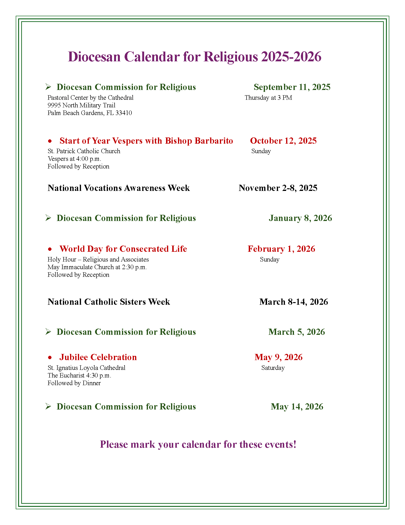Calendar of special dates for the religious 