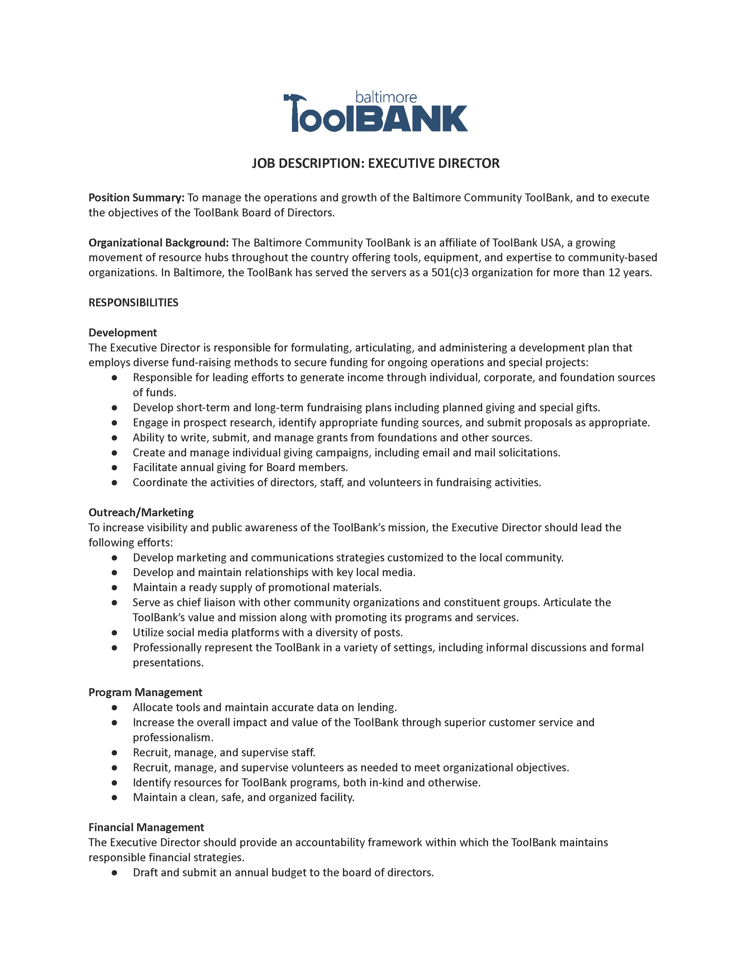 Full Executive Director Job Description