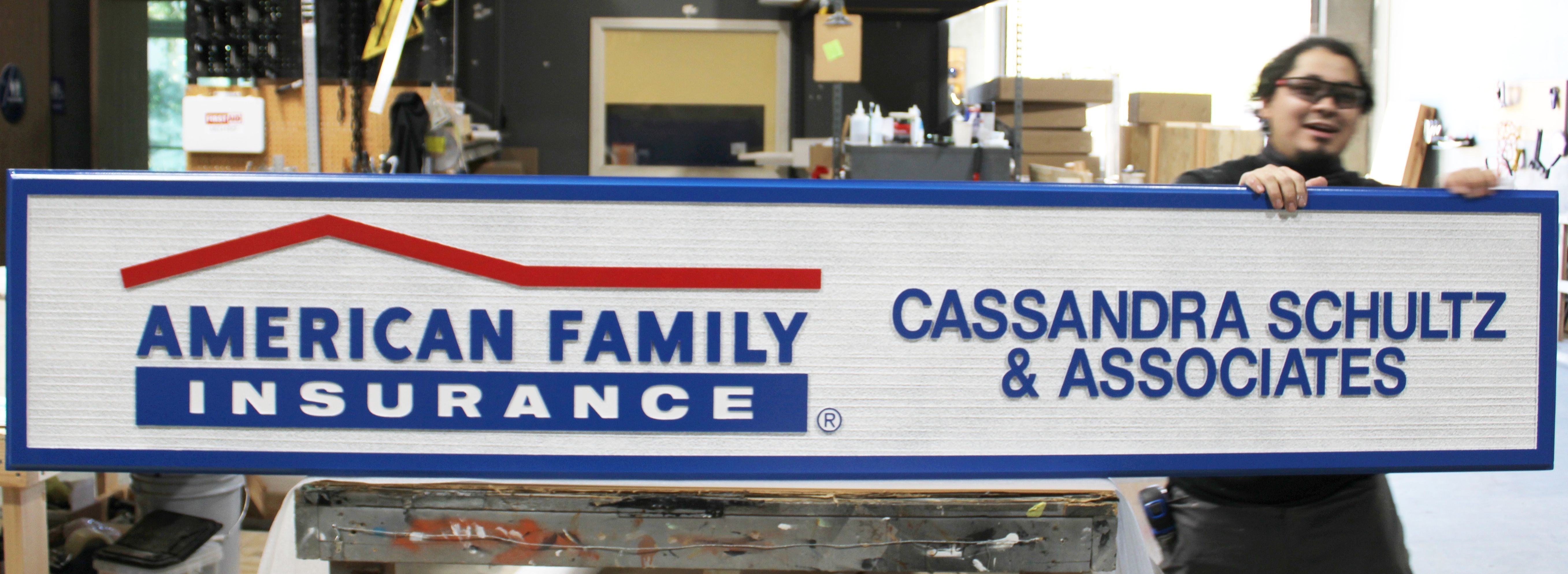C12519 - Carved 2.5-D Raised Relief and Sandblasted Wood Grain HDU Sign for "American Family Insurance"