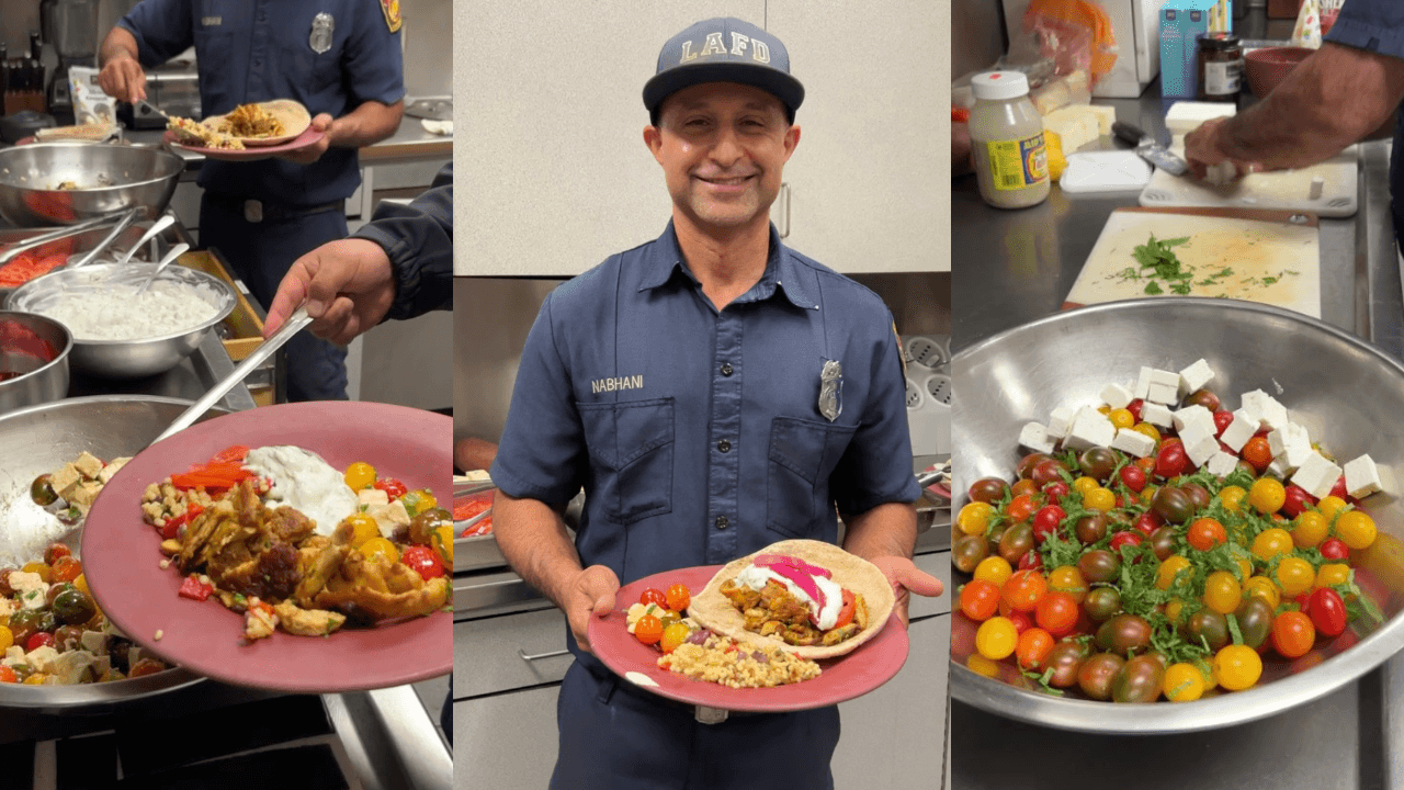 Three vertical images side by side featuring an LAFD firefighter adding tomato feta salad to his plate, Chef Mo holding his plate of chicken shawarma with sides of couscous and tomato feta salad, and a bowl of rainbow cherry tomatoes with chunks of feta.