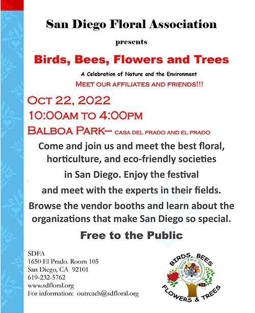 Birds Bees Flowers and Trees celebration event flyer