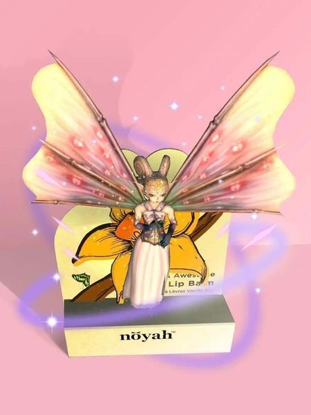 3D augmented reality fairy on a nŏyah lip balm package, blending creative packaging design ideas with AR tech for a fun unboxing moment.
