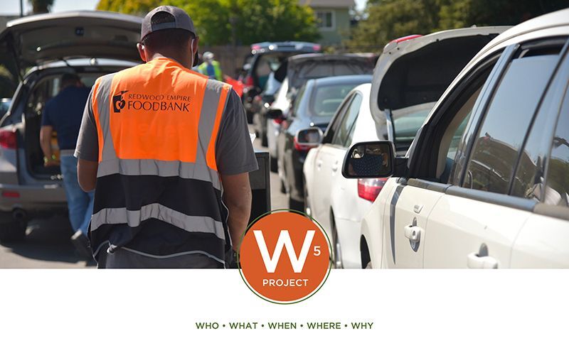 A volunteer helps check-in individuals at a drive through food distribution site, below the image, a W5 logo appears.