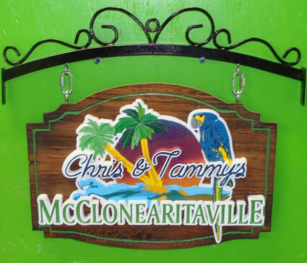 I18707- Carved Cedar Entrance Sign, with "Margaretaville"Style Art (Parrot , Sunset, Ocean, Palm)
