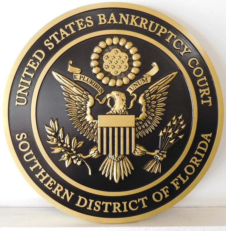 U30134 - Gold and Hand-Rubbed Black Painted Wall Plaque of the Seal of the US Bankruptcy Court, Southern District of Florida, 