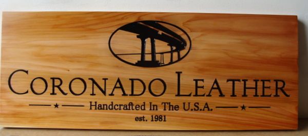SB28989 - Carved Cedar Wood Plaque "Coronado Leather" for a Store Display of the Brand