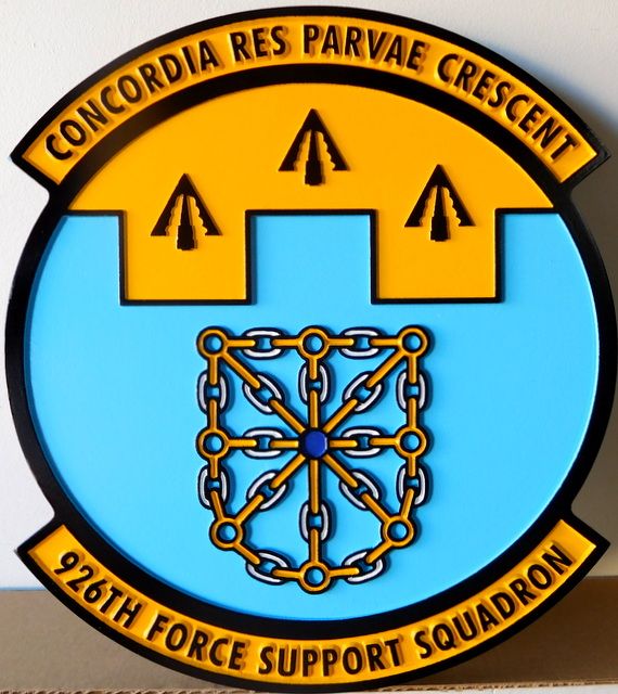 LP-4015 - Carved Round Plaque of the Crest of the 926th Force Support Squadron "Concordia Res Parvae Crescent",  Artist Painted