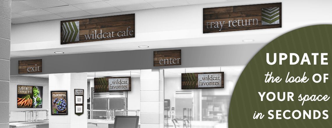 Cafeteria signs with a wood and metal look, custom signs, menu boards