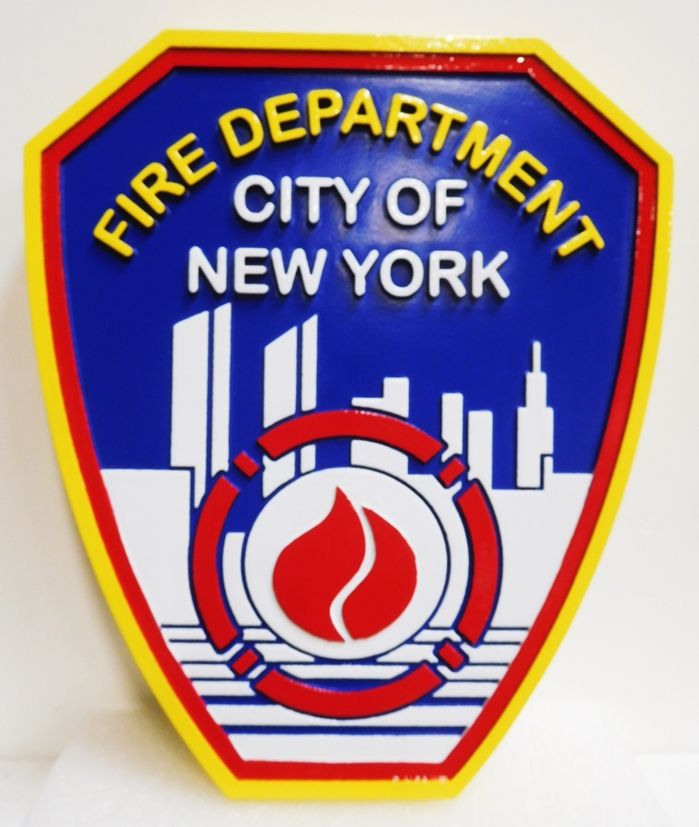 QP-2060 - Carved Wall Plaque of  the Shoulder Patch of the New York City Fire Department,  N.Y., Artist Painted 