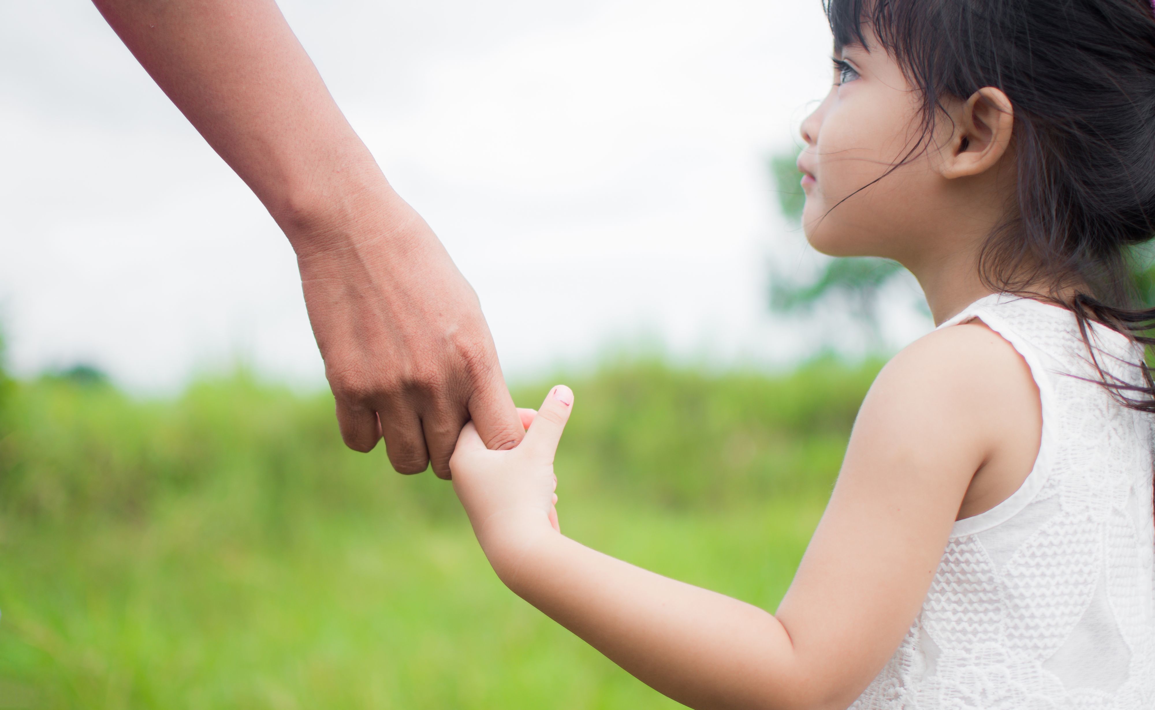 Closeup photo of a child holding parents hand.