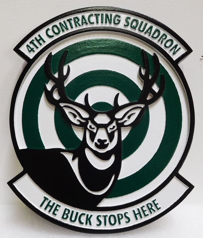 LP-7415 - Carved Plaque of the Crest of the 4th Contracting Squadron "The Buck Stops Here"  , Artist Painted