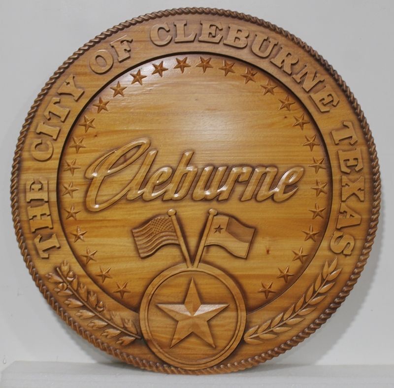 DP-1274 - Large Carved Mahogany Wood Plaque of the Seal of the of City of Cleburne, Texas 