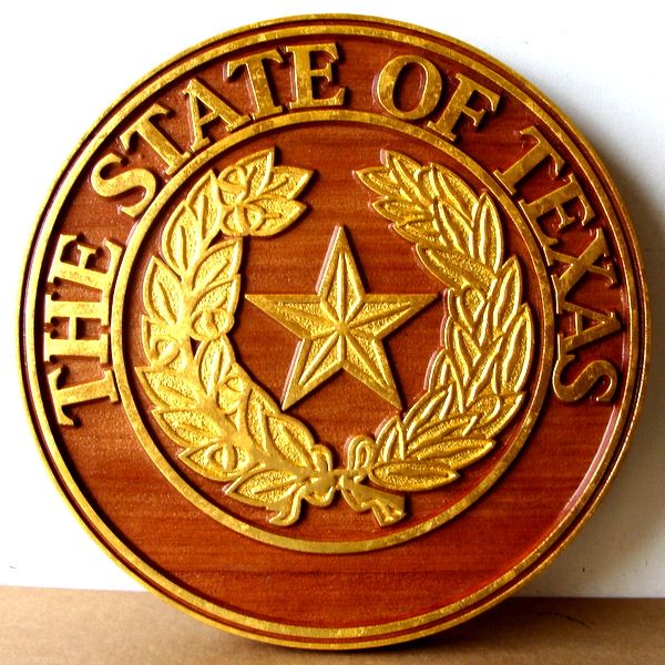 WP5225 - Seal of the State of Texas, 2.5-D Stained Redwood with Gold Leaf Gilding