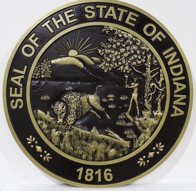 BP-1212 - Carved 3-D Bas-Relief Brass-Plated HDU Plaque of the Seal of the State of Indiana, with Hand-Rubbed Black Enamel .