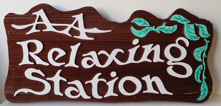 SA28808 -  Dark Stained Carved Cedar sign for the "AA Relaxing Station" , with Leaves as Artwork