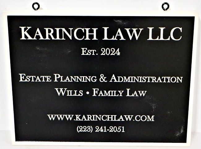 A10014A - Carved and Sandblasted HDU Sign for "Karinch Law LLC"