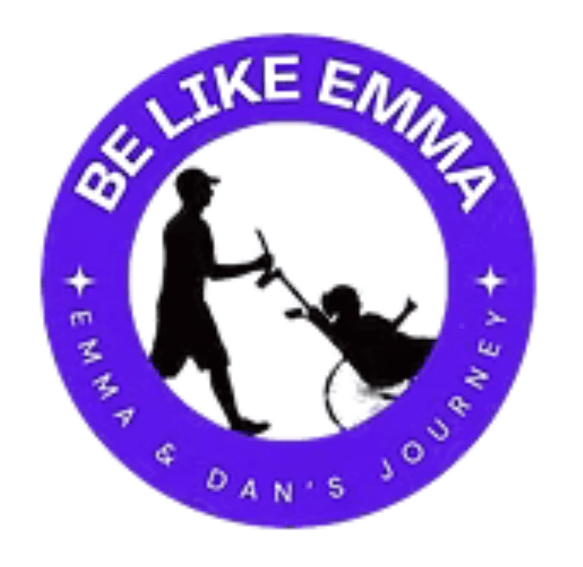 Purple circular logo with the words BE LIKE EMMA in white.  In the center, a silhouette image of a man pushing a wheelchair with a person in it with their hands up in excitement 