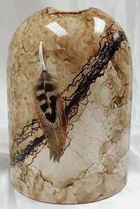 Horsehair Pottery Tan Cowbell w/Pheasant Feather