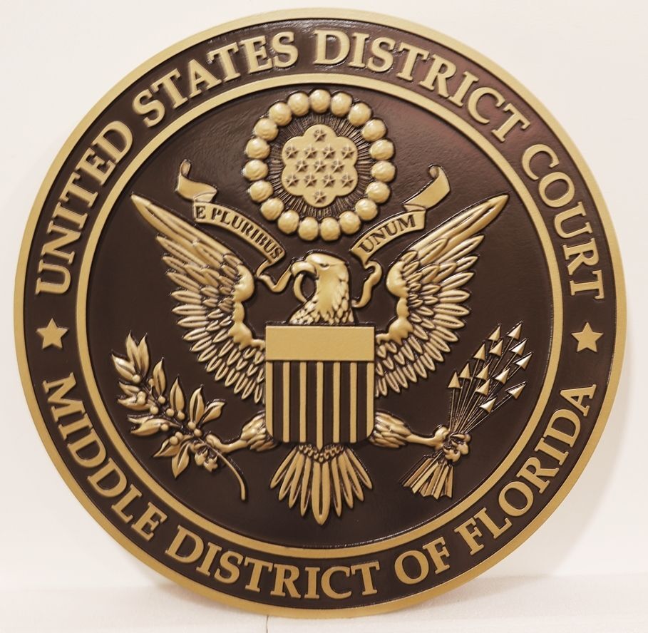 FP-1403 -  Carved 3-D Bas-relief Bronze-Plated Plaque of the Seal of the United States District Court, Middle District of Florida