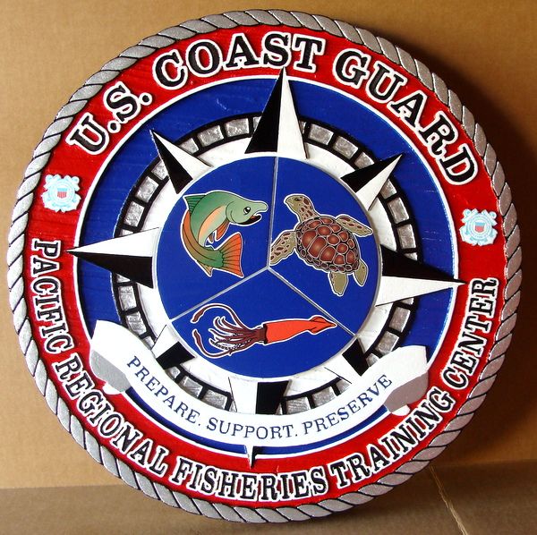 NP-2050- Carved Plaque of Seal of US Coast Guard Pacific Regional Fisheries Training Center -   Artist Painted