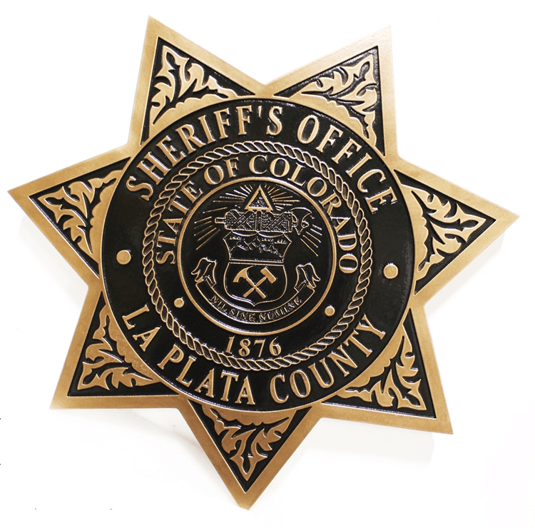 PP-1754 - Carved 2.5-D Raised Relief Brass-Plated Plaque of the Badge of the Sheriff's Office, La Plata County, Colorado 