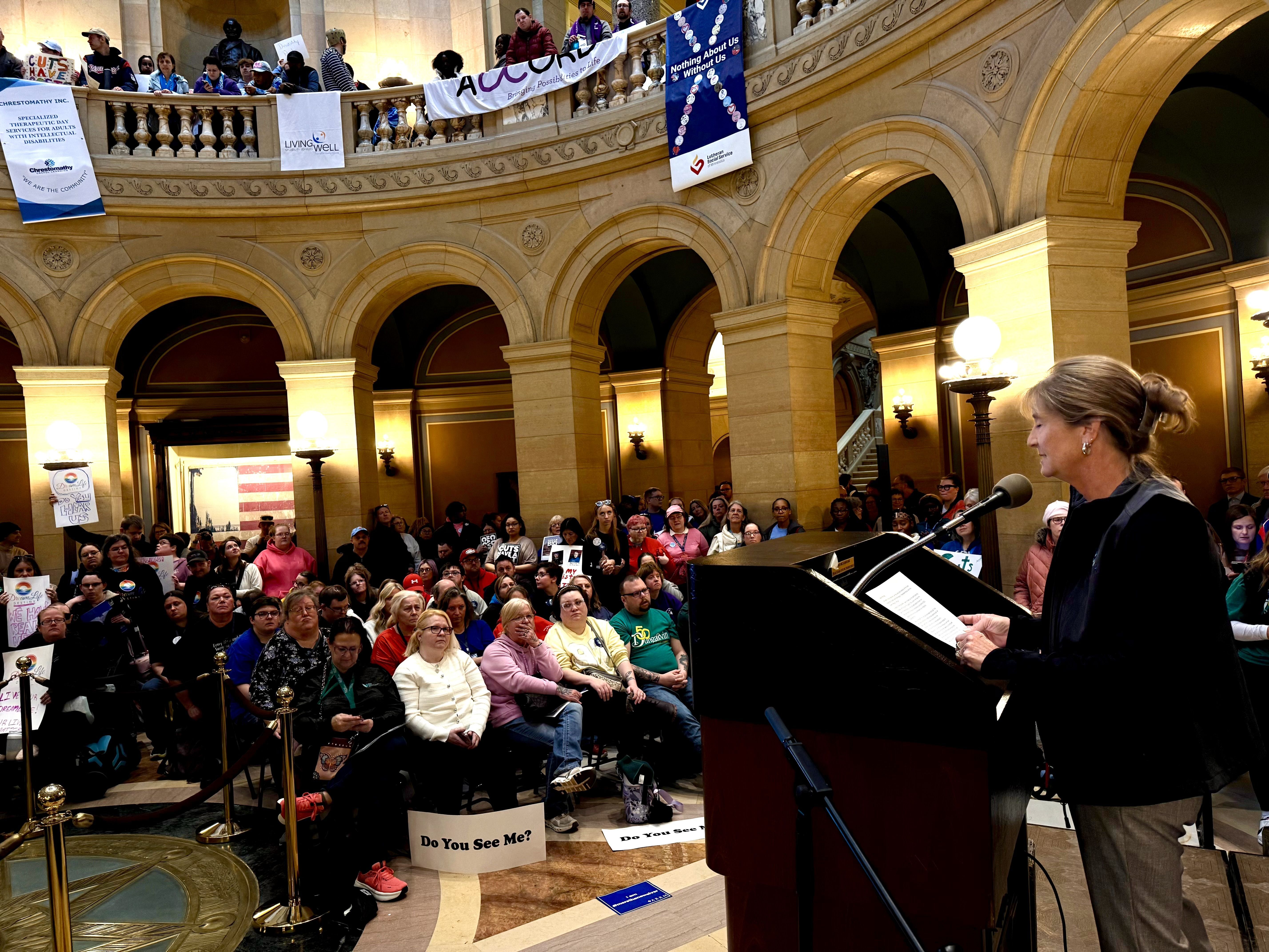 MOHR President Robin Harkonen speaking at the rally in the Rotunda