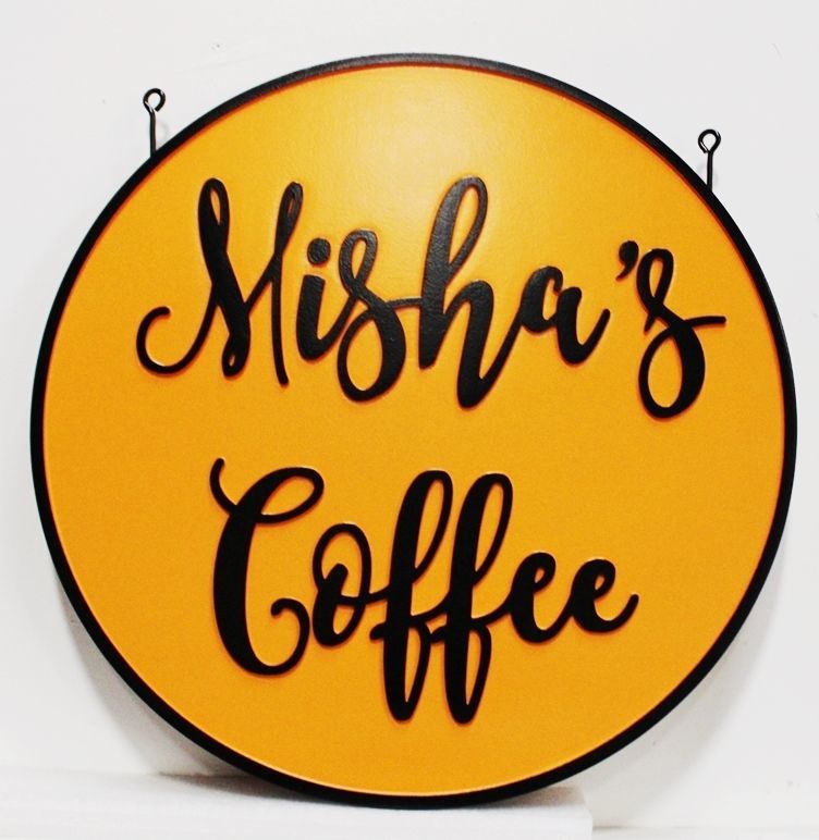 Q25430  - Carved 2.5-D HDU Hanging  Sign for "Misha's Coffee" 