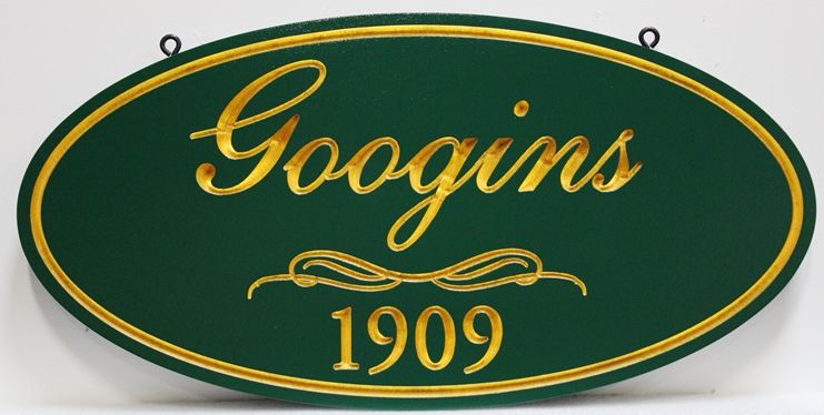 I18178 - Elegant Carved High-Density-Urethane (HDU) property name Sign, "Googins - 1909", with Text and Border Gilded with 24K Gold Leaf