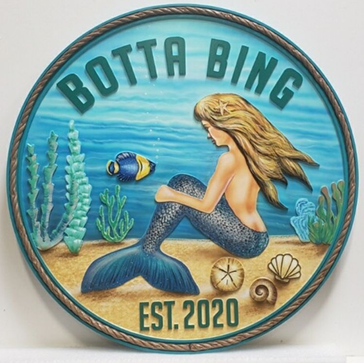 L21912– Carved 2.5-D Multi-Level Relief HDU Sign "Botta Bing"  for Seashore Residence, Artist-Painted