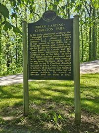 Historic marker for Indian Landing with gold text on a dark background next to a road.