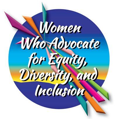 round button with blues and gold background and the words women who advocate for equity, diversity and inclusion in white text
