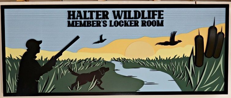G16253 - Carved Sign for "Halter Wildlife Member's Locker Room" with Artwork