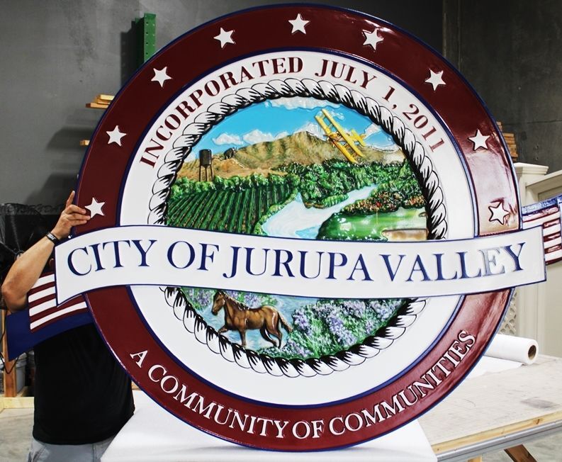 DP-1578 - Carved 2.5-D Raised Relief HDU Plaque of the Seal of the City of Jurupa Valley, California