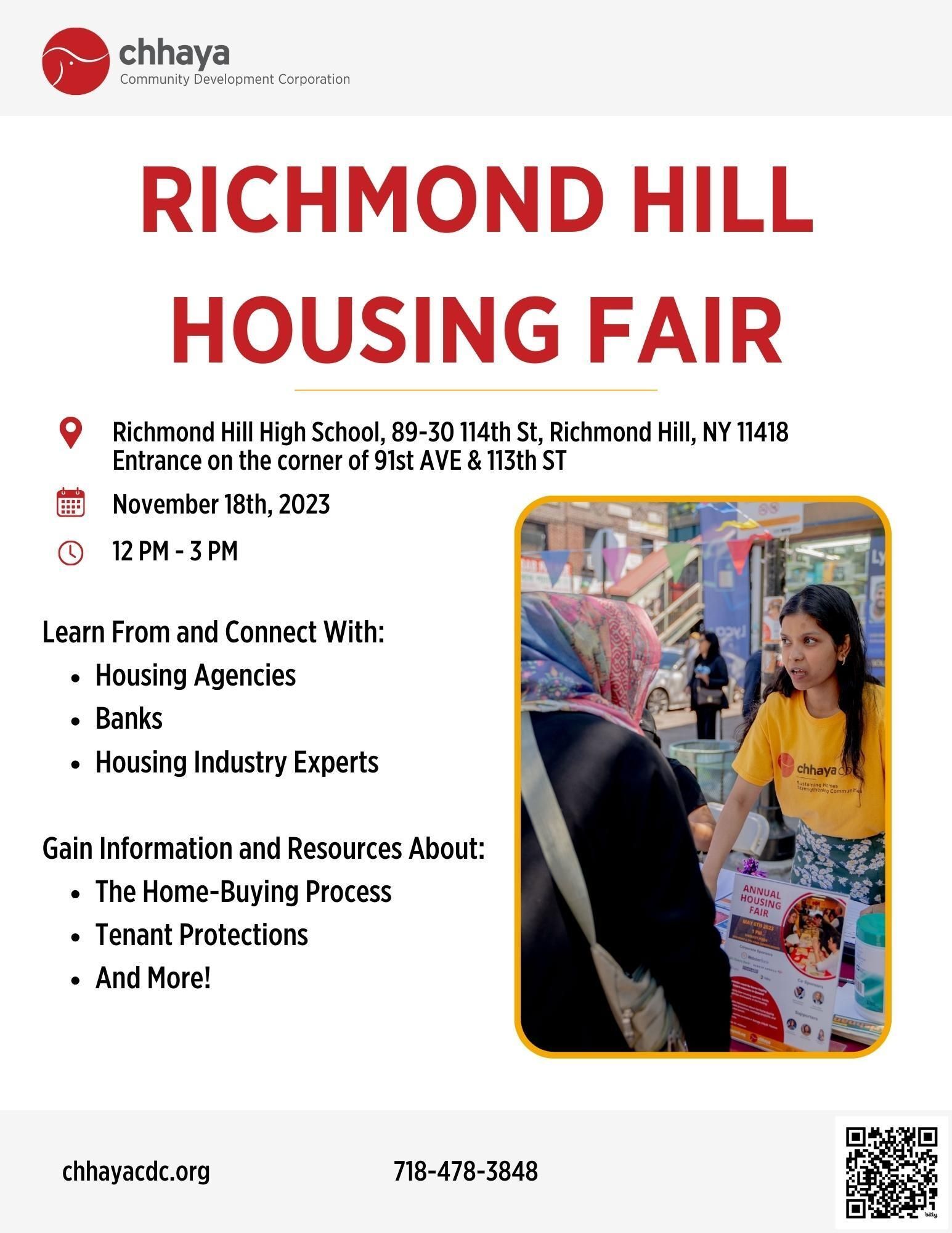 Chhaya flyer reading Richmond Hill Housing Fair with information on location and time listed below and a photo of a woman working at a past housing fair in a yellow Chhaya Tshirt, standing behind a table, speaking with a woman in a black coat and pink and