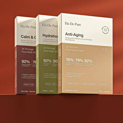 Three Ela De Pure face mask boxes (Calm & Clear, Hydration+, and Anti-Aging) display clean packaging design ideas with bold result-driven stats.