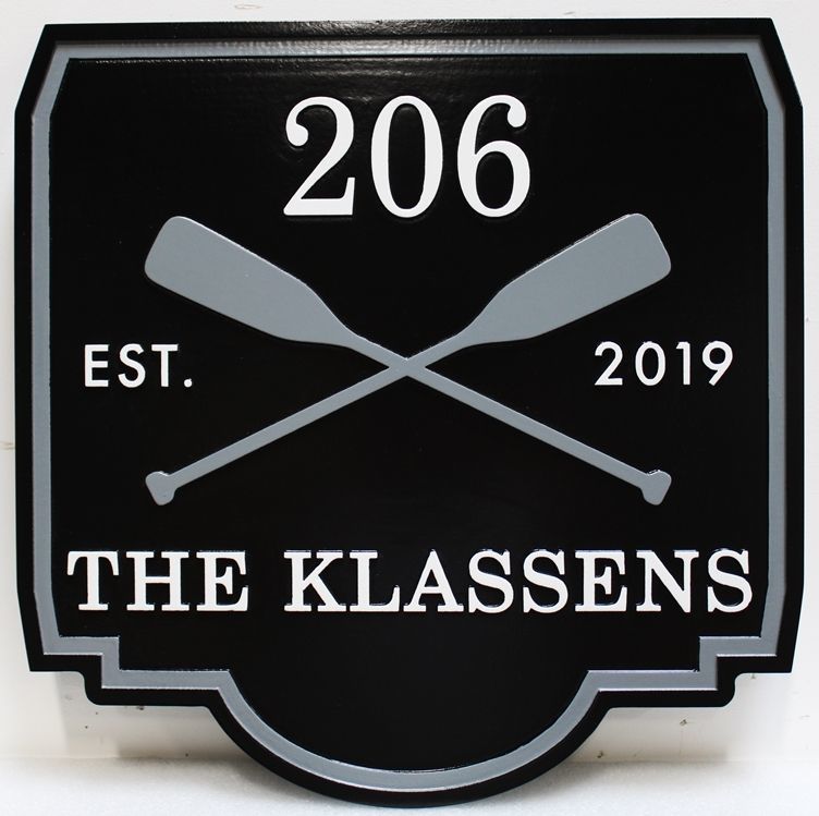 M22454 - Carved 2.5-D HDU Lake House Property Name Sign "The Klassens" Features a Two Crossed Canoe Paddles as Artwork. 