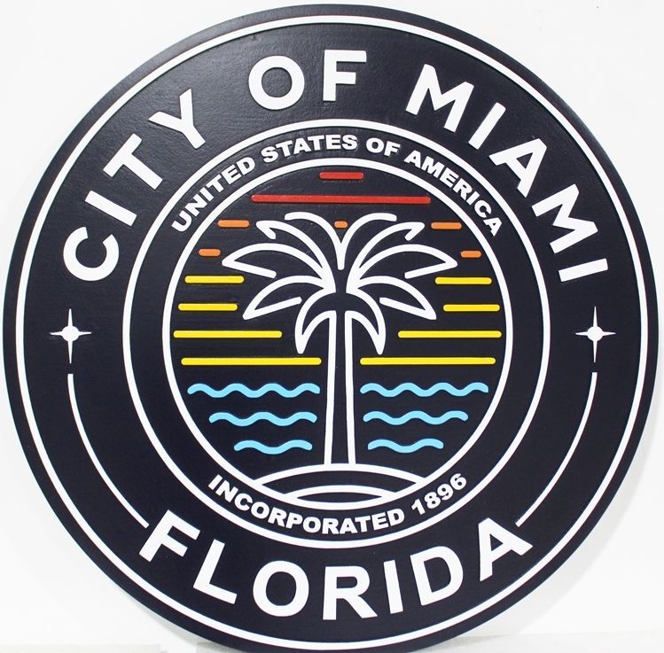 DP-1659 - Carved 2.5-D Outline Relief HDU Plaque of the Seal of the City of Miami, Florida