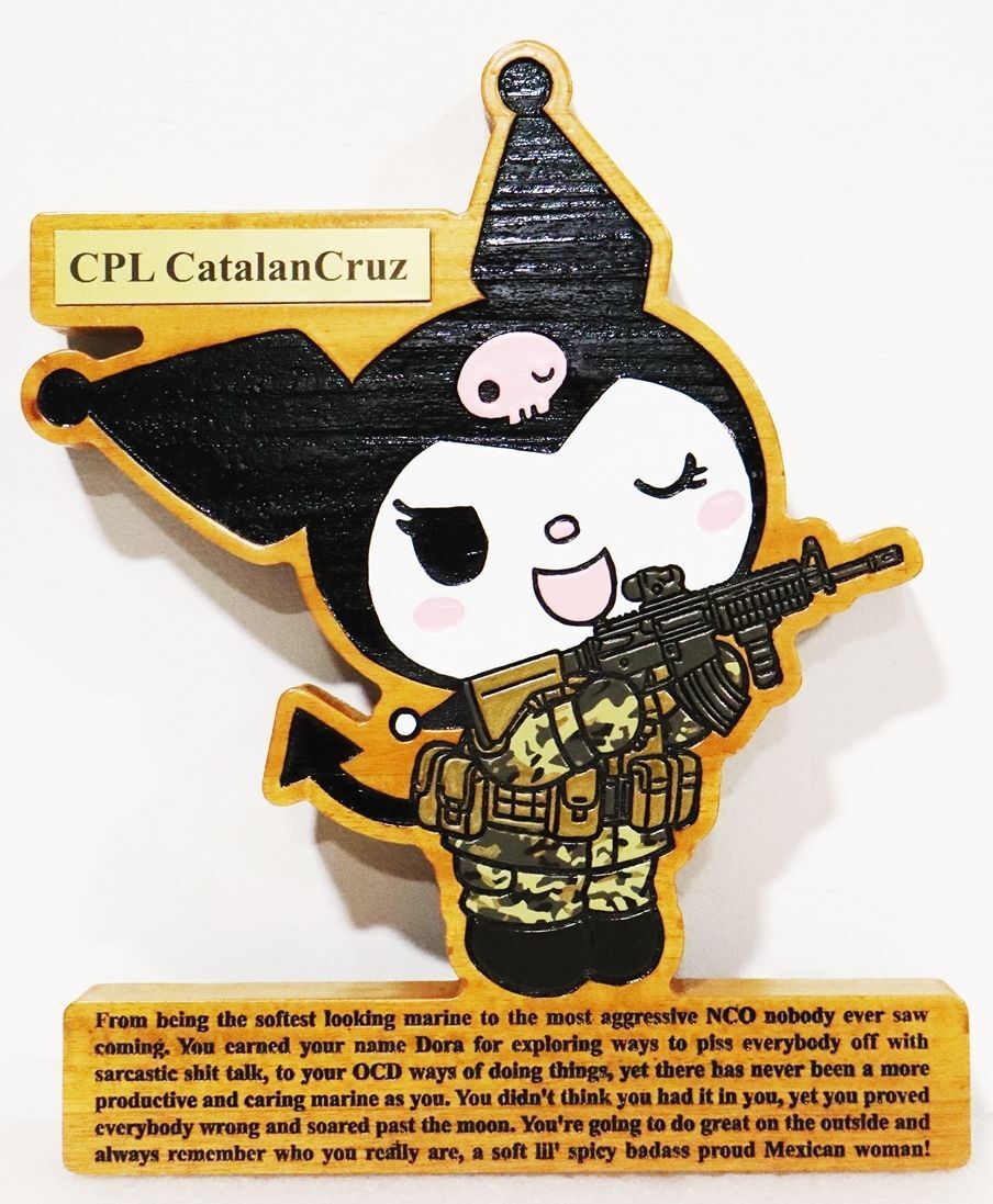 KP-3161 - Carved Cedar Artist-Painted Cartoon Recognition  Plaque for US Marine Corps Woman Corporal